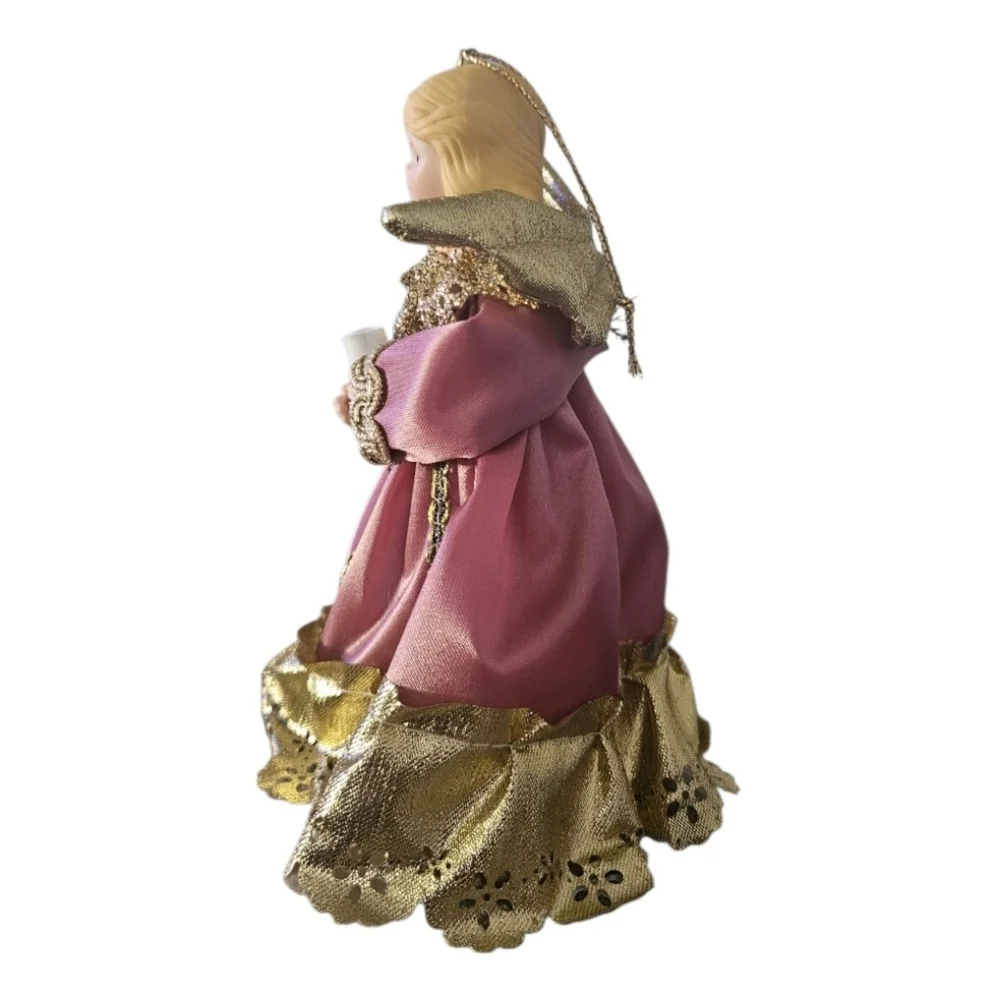 Vintage Angel Christmas Tree Topper Ornament Pink & Gold Dress Holding Light